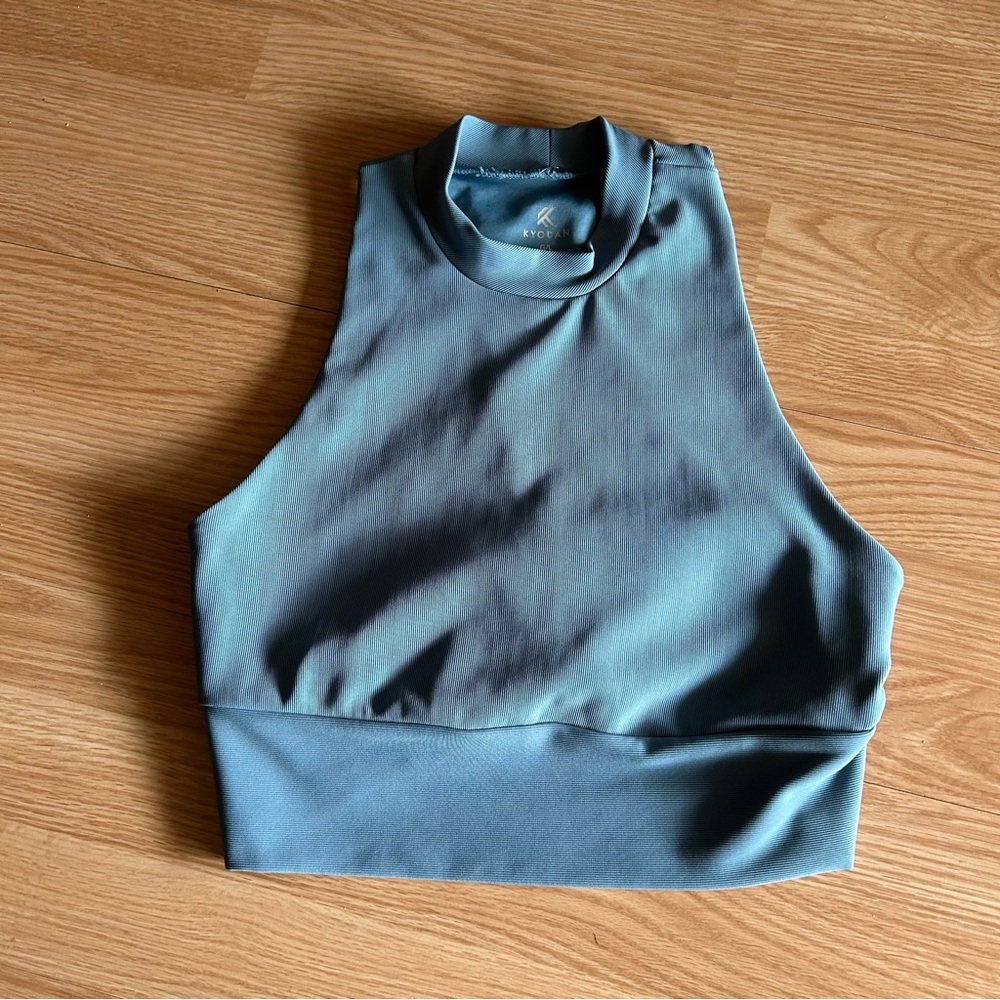 Kyodan Slate Blue Ribbed High Neck Cropped Active Sports Bra Tank Large